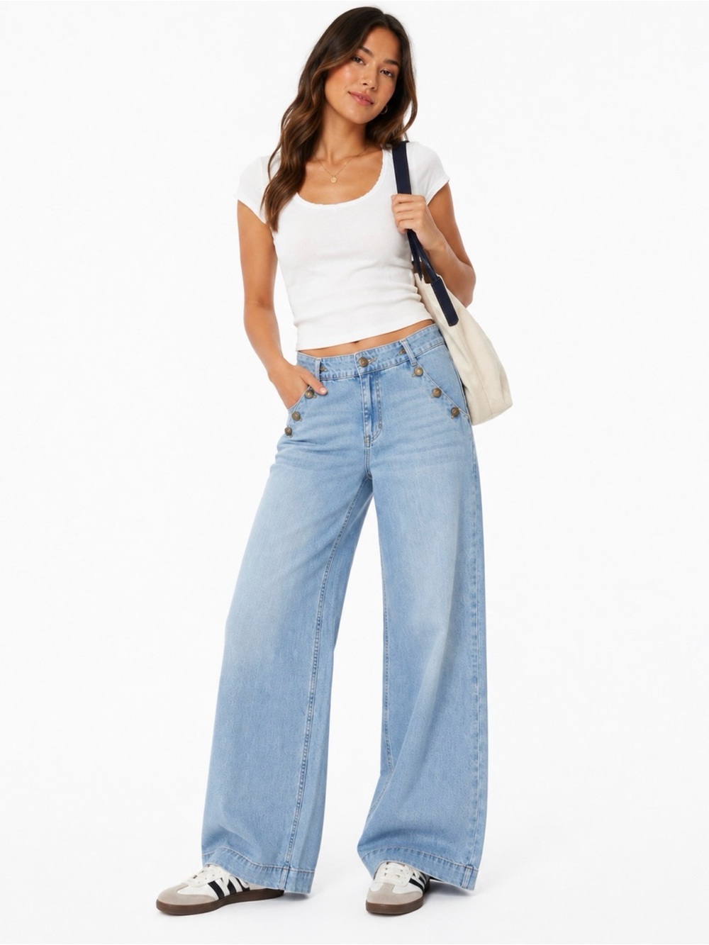 Wide Leg Blue Jeans with Button Detail